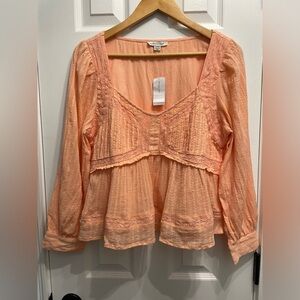 American Eagle Womens Medium Long Sleeve Square Neck Lace Top Peach Babydoll